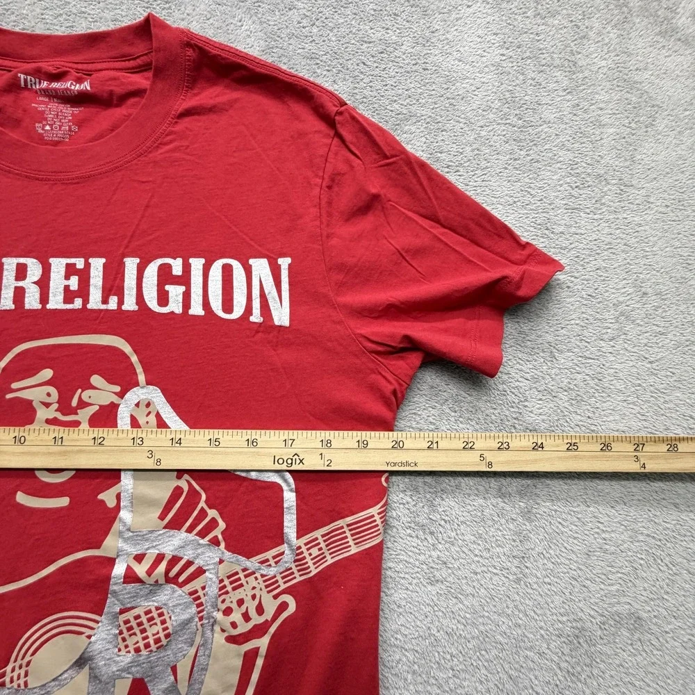 True Religion Shirt Mens L Red Guitar Buddha Graphic Crewneck Cotton Tee‎